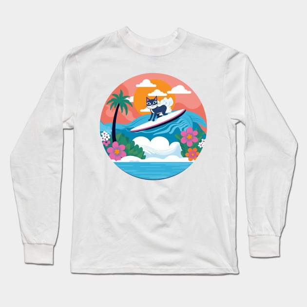 Surfing Shag Kitty Long Sleeve T-Shirt by Kona Cat Creationz